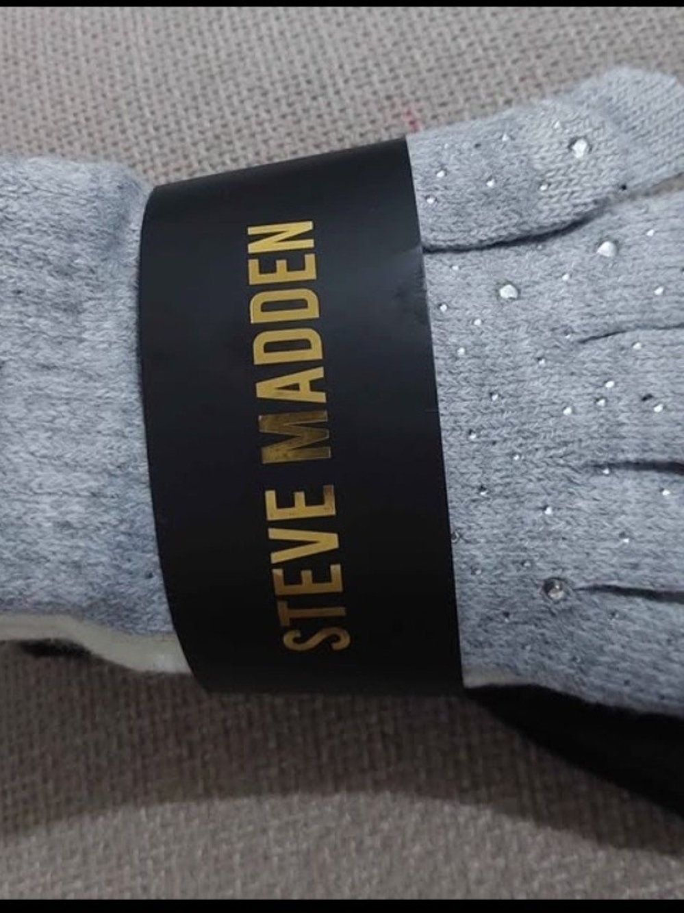 Steve Madden Set Light Gray Knit Gloves with Rhinestone Accents